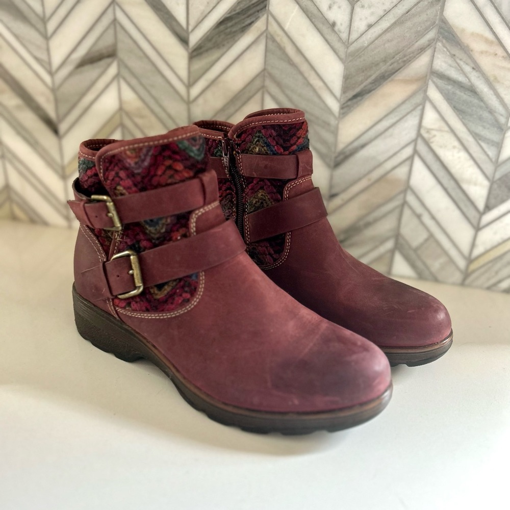 Bionica Nordic Leather Yarn Upper Zip Ankle Boots, Burgundy Red, Sz 9